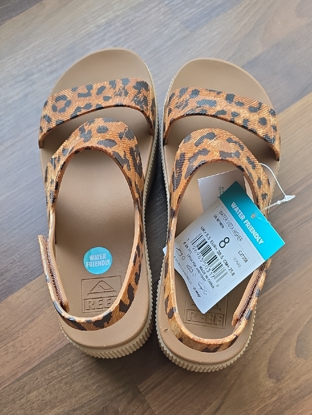 Reef Leopard Print Tan and Black Platform Sandals